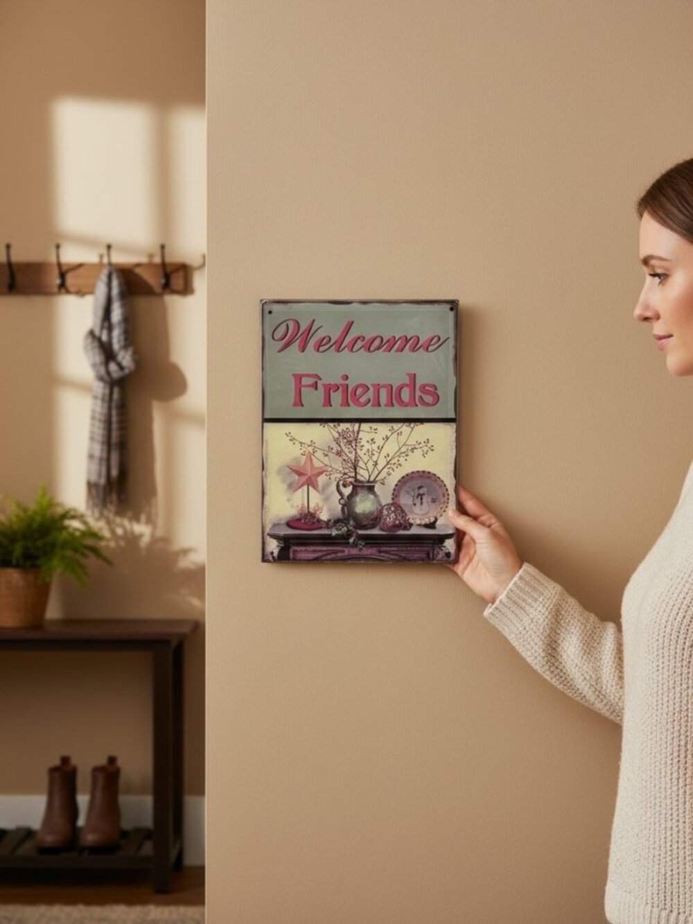 Welcome Friends Decorative Wall Plaque With Rustic Design & Warm Tones